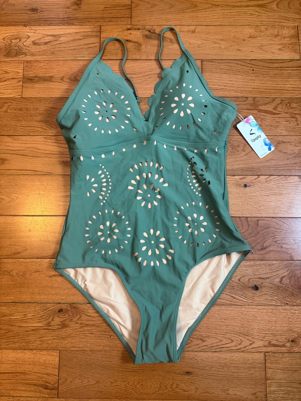 One Piece Floral Cut Out Scalloped Trim Swimsuit NWT